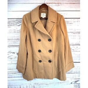 Caramel‎ Latte Tan Wool Pea Coat L Double Breasted Old Money Quiet Luxury Camel
